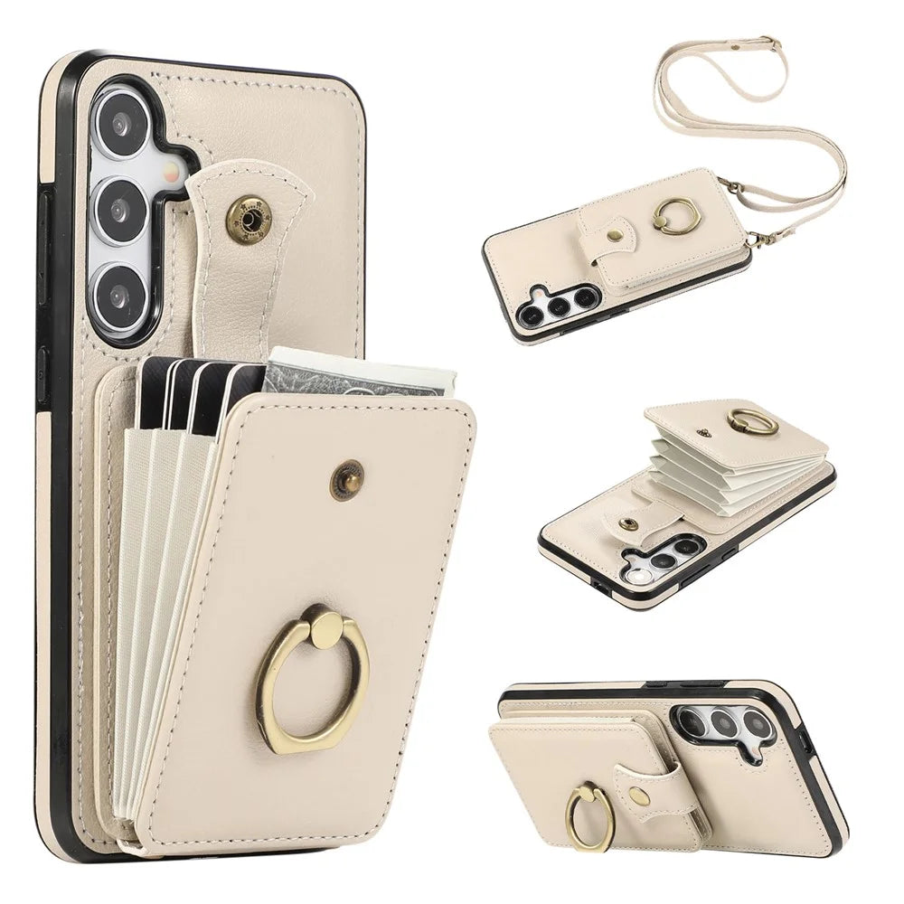 For Samsung Galaxy S23 FE TPU+PU Leather Phone Case Card Holder Kickstand Phone Cover - Beige - 1