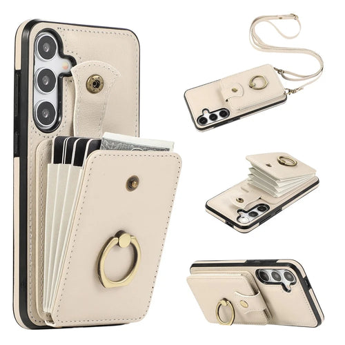 For Samsung Galaxy S23 FE TPU+PU Leather Phone Case Card Holder Kickstand Phone Cover - Beige - 1