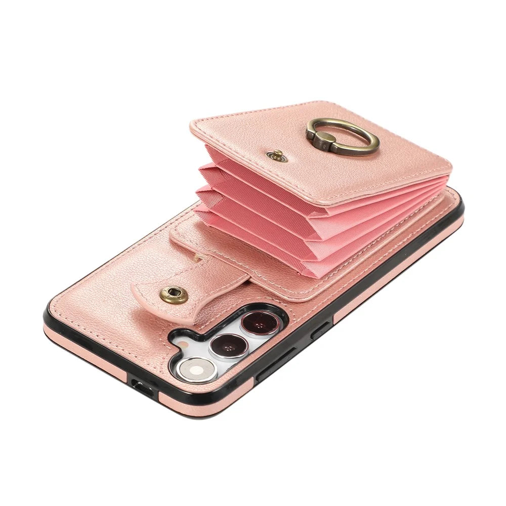 For Samsung Galaxy S24+ Cell Phone Case Card Holder TPU+PU Leather Phone Cover with Kickstand - Rose Gold - 7