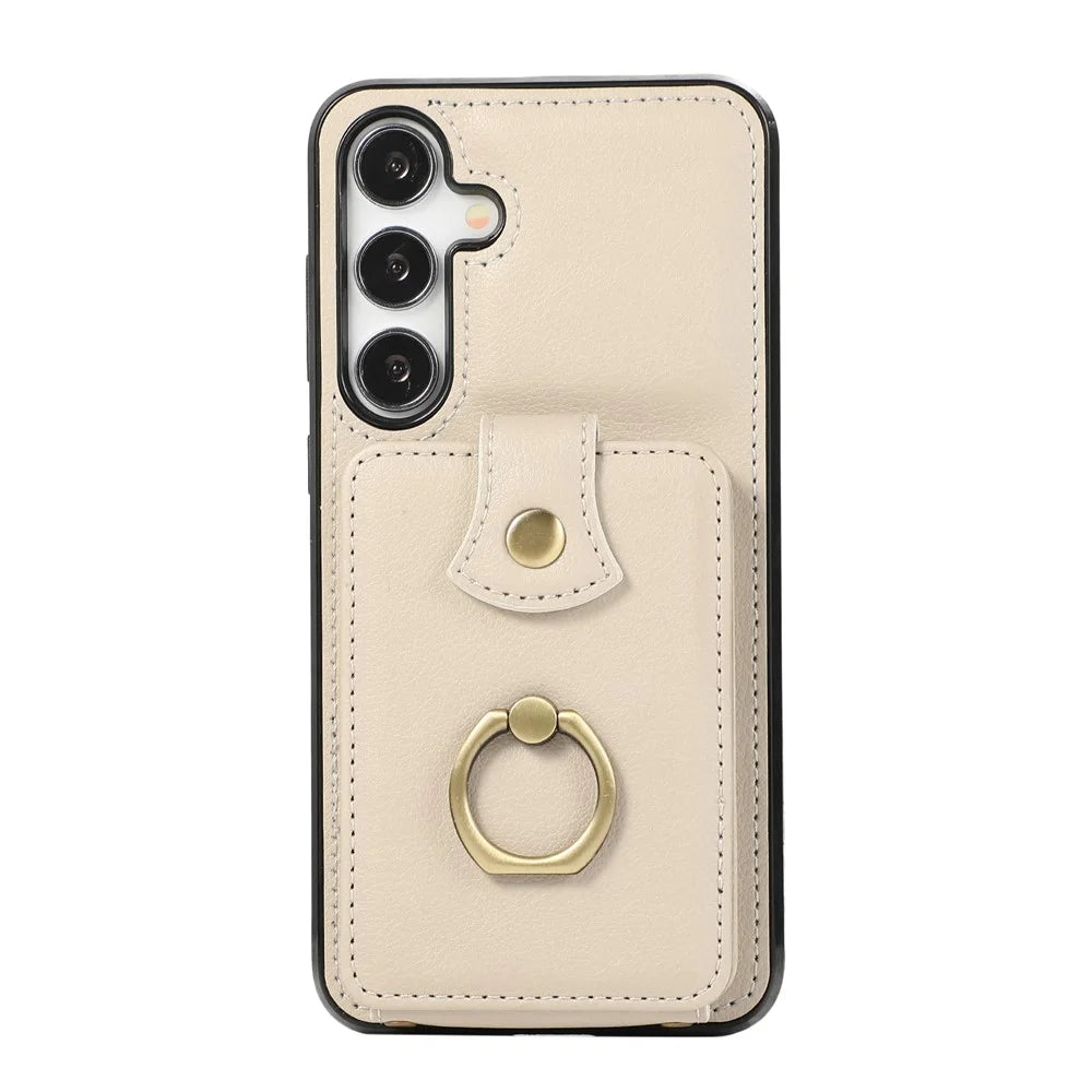 For Samsung Galaxy S24 Dustproof TPU+PU Leather Phone Cover Card Holder Kickstand Mobile Phone Case - Beige - 2