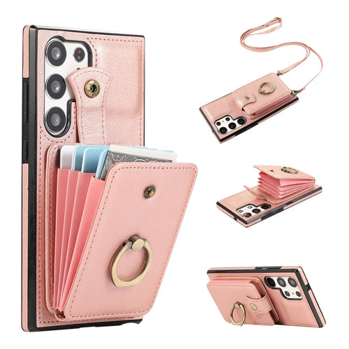 For Samsung Galaxy S24 Ultra Case Shoulder Phone Pouch Kickstand TPU+PU Leather Phone Cover - Rose Gold - 1