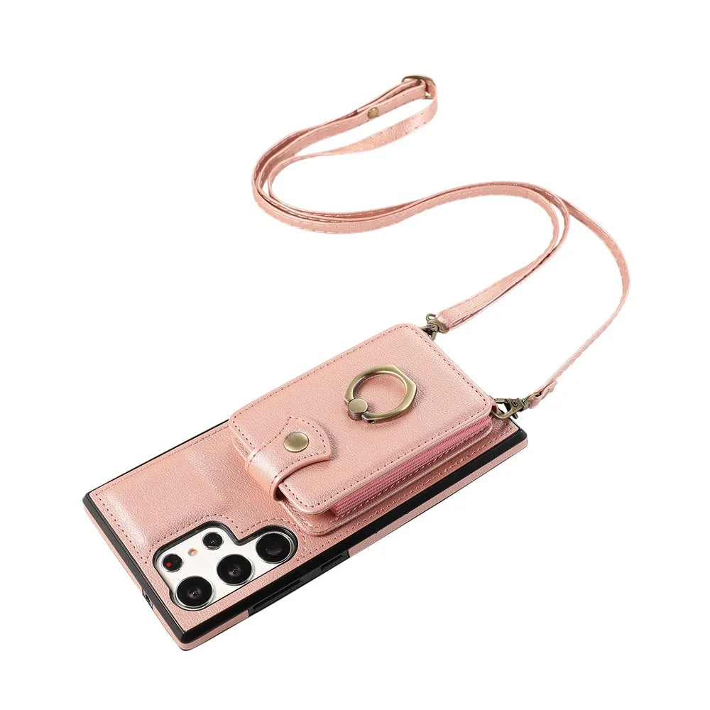 For Samsung Galaxy S24 Ultra Case Shoulder Phone Pouch Kickstand TPU+PU Leather Phone Cover - Rose Gold - 6