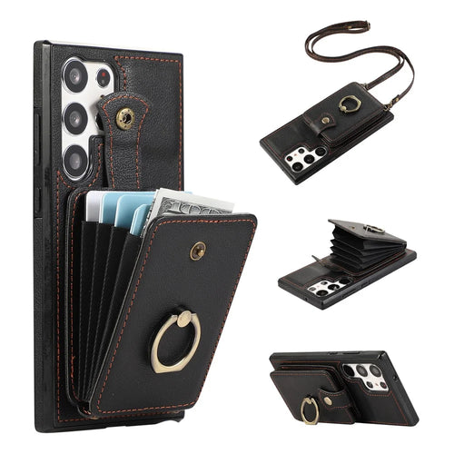 For Samsung Galaxy S22 Ultra 5G Case Card Holder TPU+PU Leather Kickstand Phone Cover - Black - 1