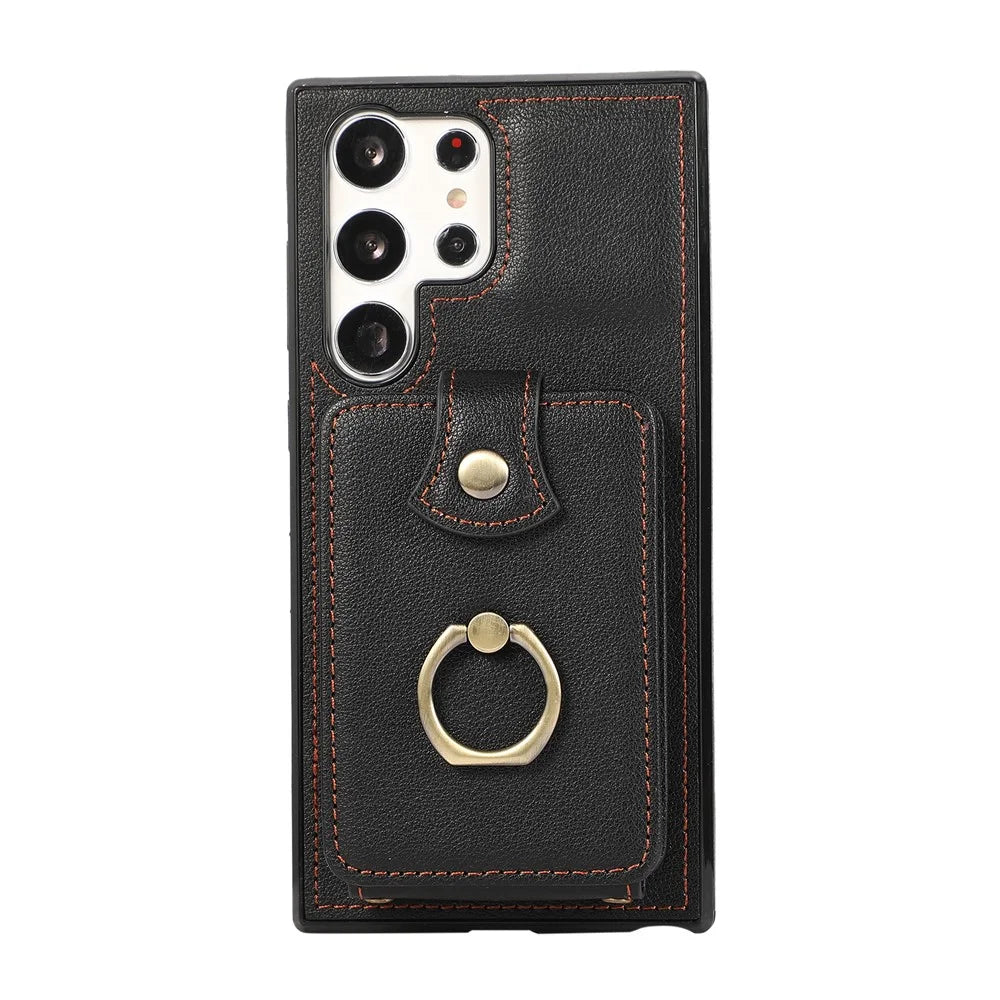 For Samsung Galaxy S22 Ultra 5G Case Card Holder TPU+PU Leather Kickstand Phone Cover - Black - 2