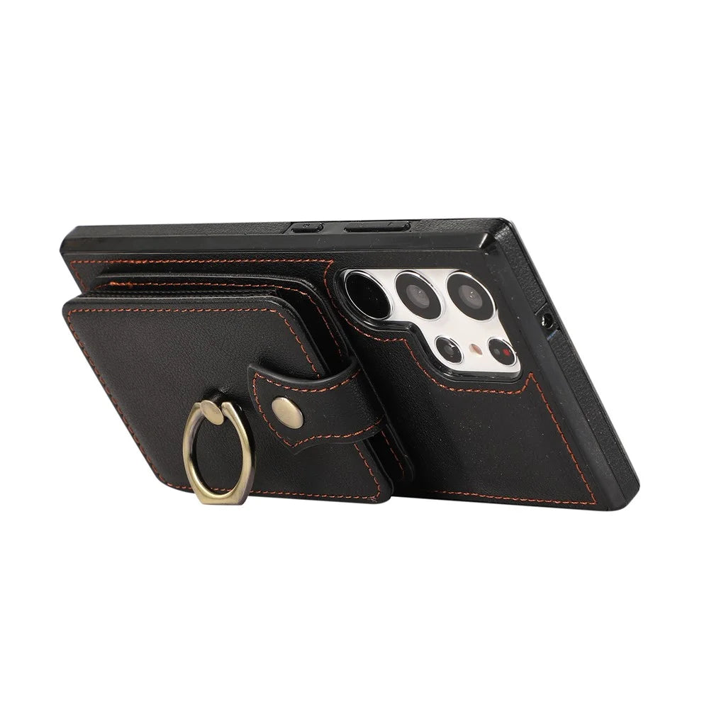 For Samsung Galaxy S22 Ultra 5G Case Card Holder TPU+PU Leather Kickstand Phone Cover - Black - 5