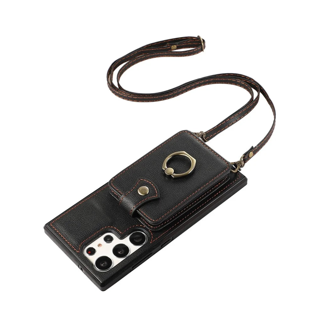 For Samsung Galaxy S22 Ultra 5G Case Card Holder TPU+PU Leather Kickstand Phone Cover - Black - 6