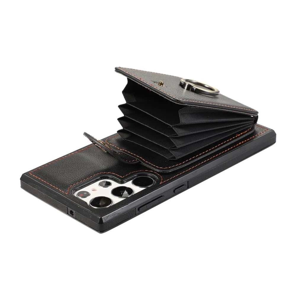 For Samsung Galaxy S22 Ultra 5G Case Card Holder TPU+PU Leather Kickstand Phone Cover - Black - 7