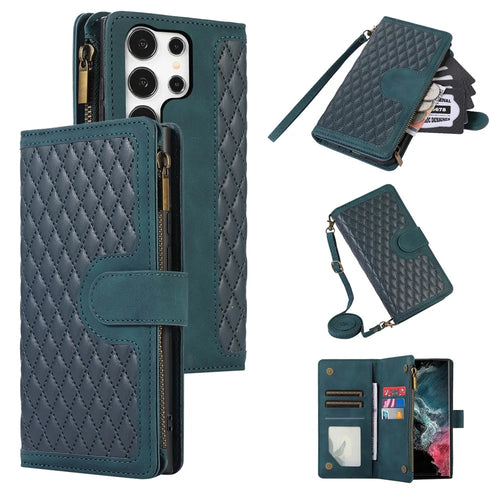 For Samsung Galaxy S24 Ultra Case 9 Card Slots Zipper Pocket Wallet Leather Phone Shell with 2 Straps - Green - 1