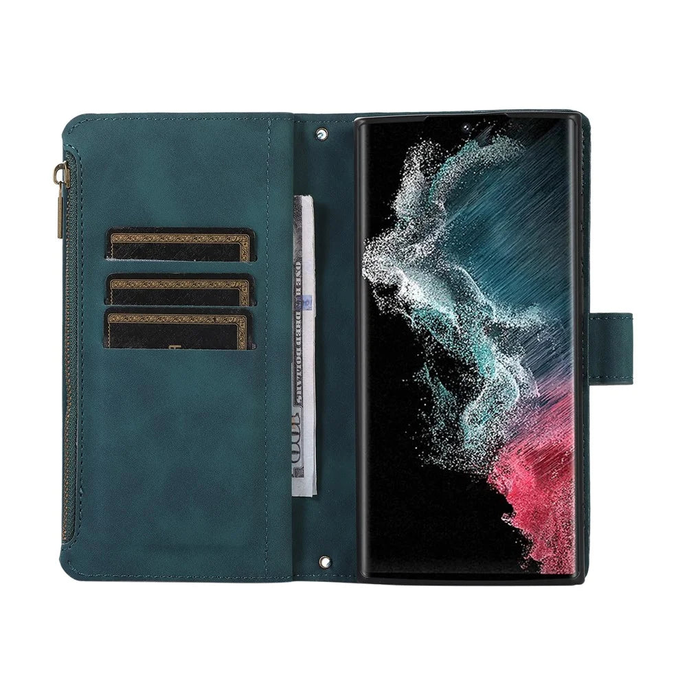 For Samsung Galaxy S24 Ultra Case 9 Card Slots Zipper Pocket Wallet Leather Phone Shell with 2 Straps - Green - 4