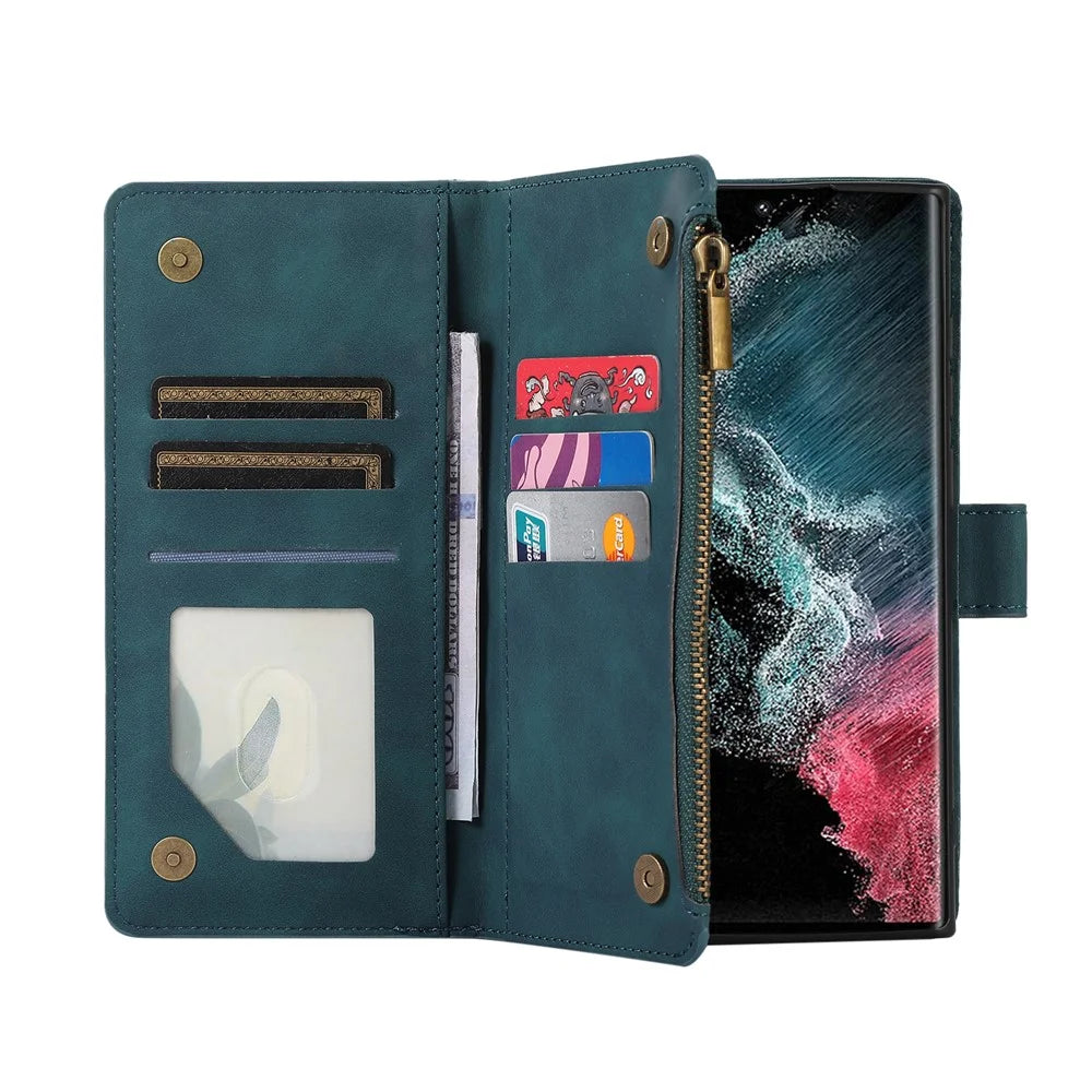 For Samsung Galaxy S24 Ultra Case 9 Card Slots Zipper Pocket Wallet Leather Phone Shell with 2 Straps - Green - 5