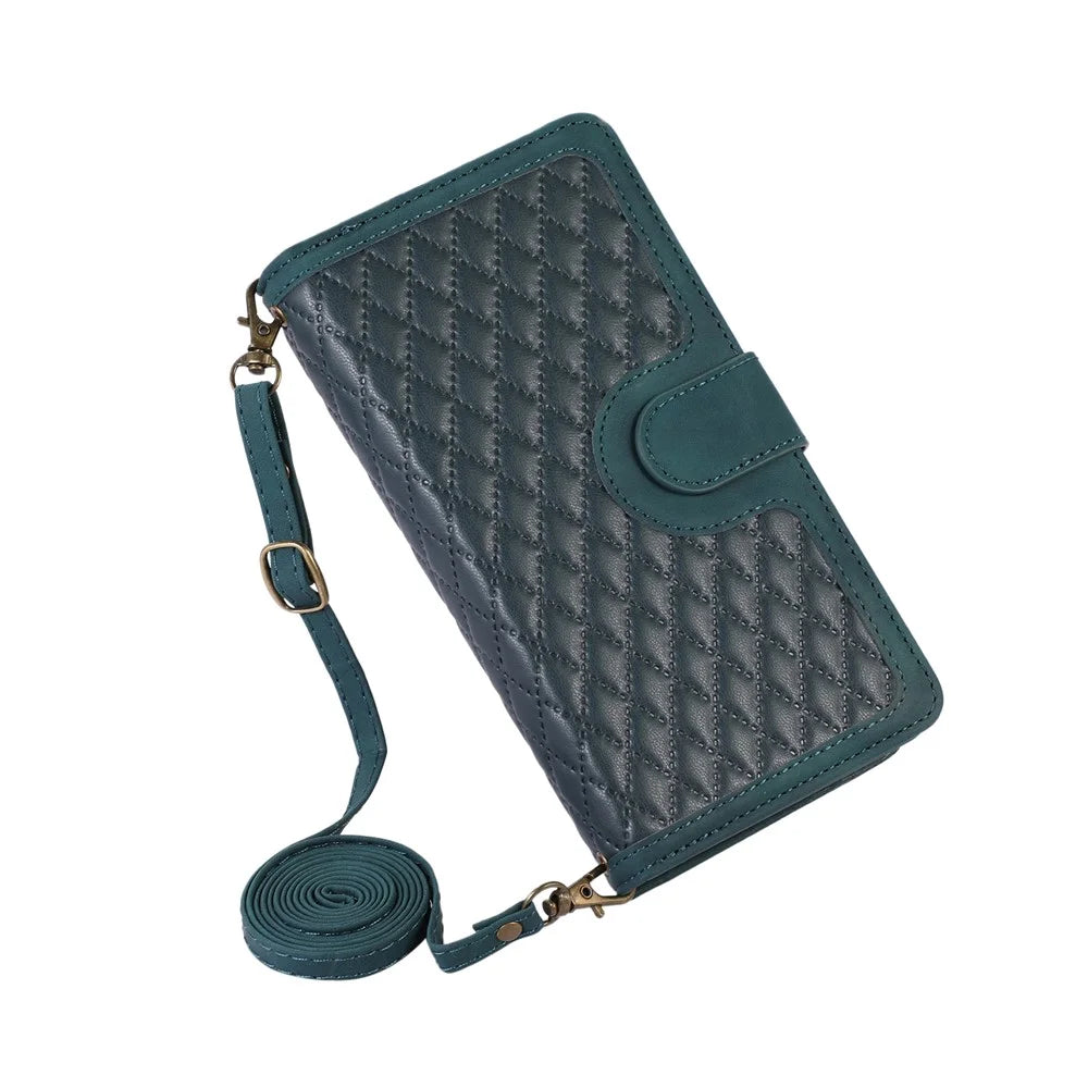 For Samsung Galaxy S24 Ultra Case 9 Card Slots Zipper Pocket Wallet Leather Phone Shell with 2 Straps - Green - 6