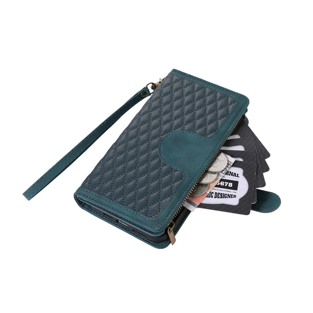 For Samsung Galaxy S24 Ultra Case 9 Card Slots Zipper Pocket Wallet Leather Phone Shell with 2 Straps - Green - 7
