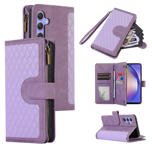 For Samsung Galaxy S24 Cell Phone Case 9 Card Slots Zipper Wallet Leather Stand Cover - Purple - 1