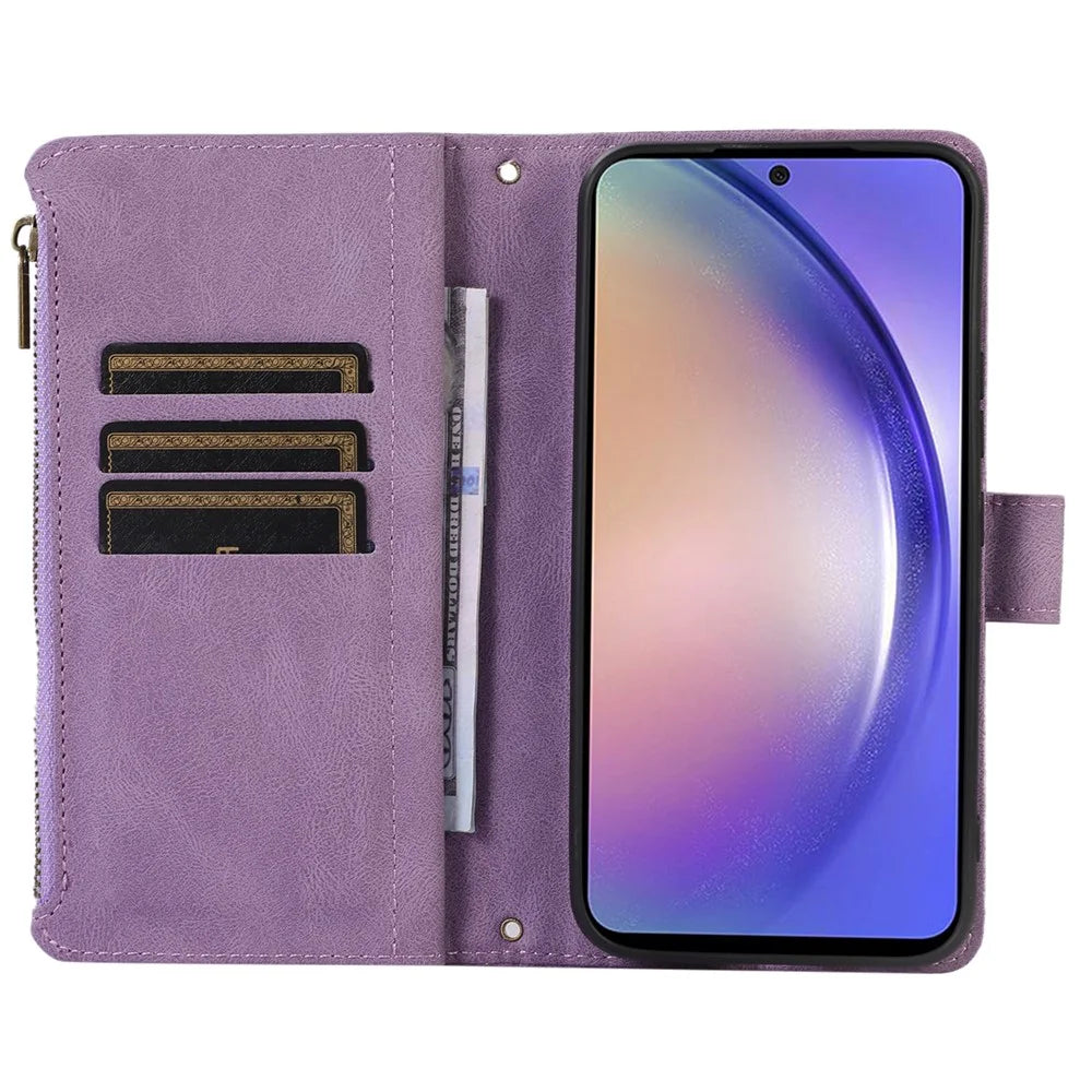 For Samsung Galaxy S24 Cell Phone Case 9 Card Slots Zipper Wallet Leather Stand Cover - Purple - 2