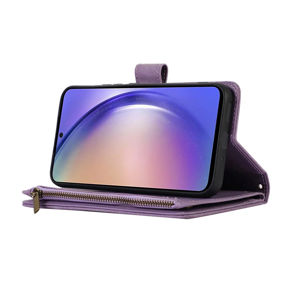 For Samsung Galaxy S24 Cell Phone Case 9 Card Slots Zipper Wallet Leather Stand Cover - Purple - 3