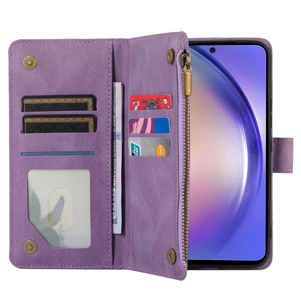 For Samsung Galaxy S24 Cell Phone Case 9 Card Slots Zipper Wallet Leather Stand Cover - Purple - 5
