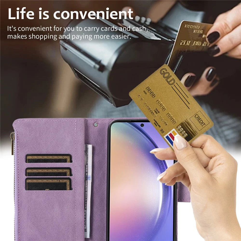 For Samsung Galaxy S24 Cell Phone Case 9 Card Slots Zipper Wallet Leather Stand Cover - Purple - 6