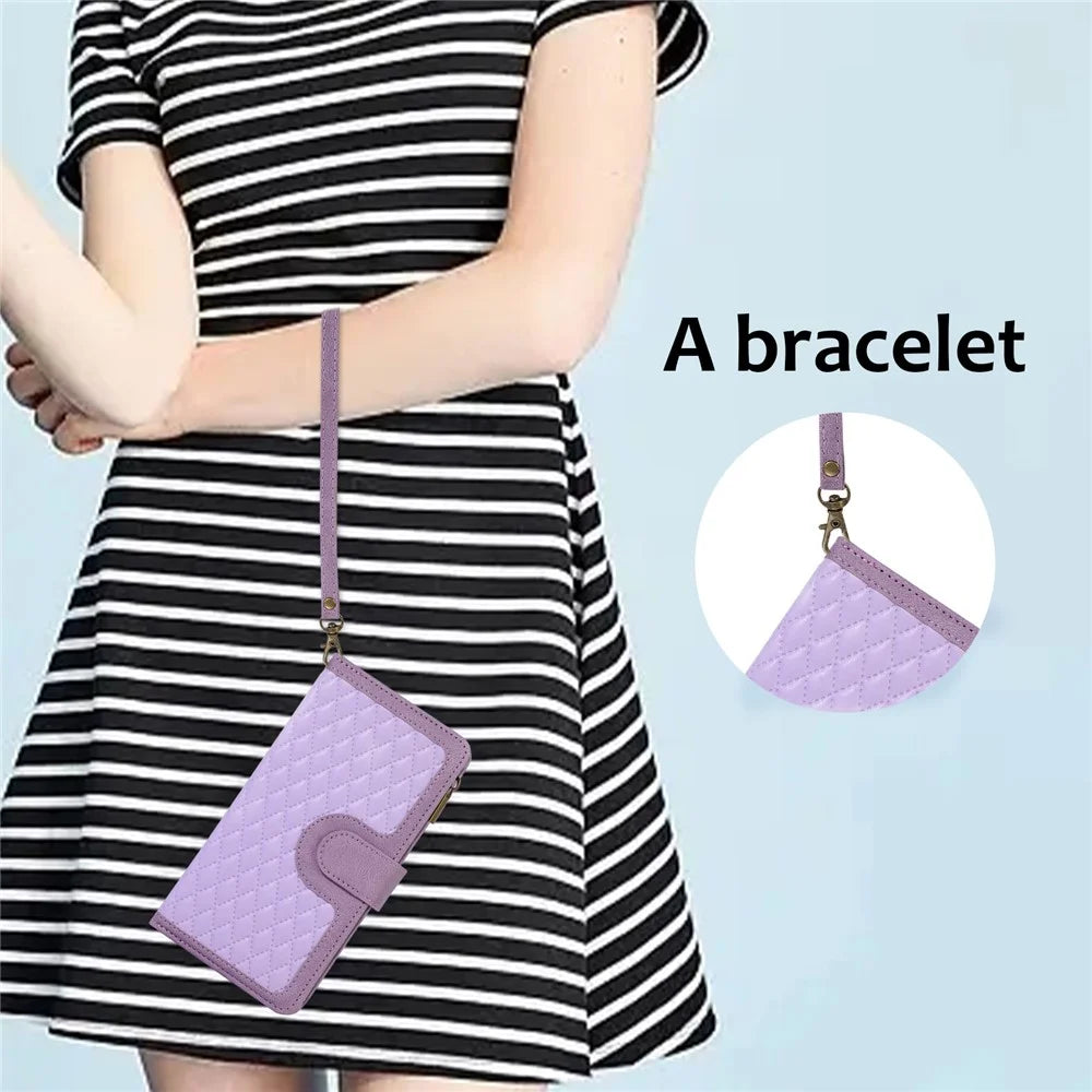 For Samsung Galaxy S24 Cell Phone Case 9 Card Slots Zipper Wallet Leather Stand Cover - Purple - 7