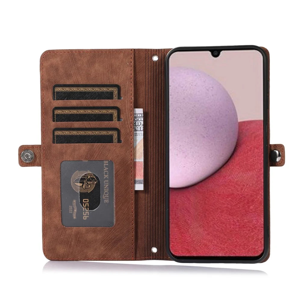 For Samsung Galaxy A15 5G Case Zipper Pocket 9 Card Slots PU Leather Phone Cover with Wrist Strap - Brown - 2
