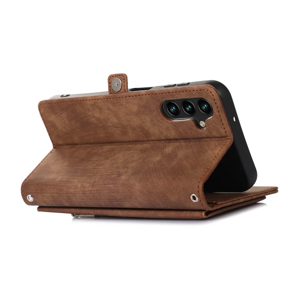 For Samsung Galaxy A15 5G Case Zipper Pocket 9 Card Slots PU Leather Phone Cover with Wrist Strap - Brown - 4