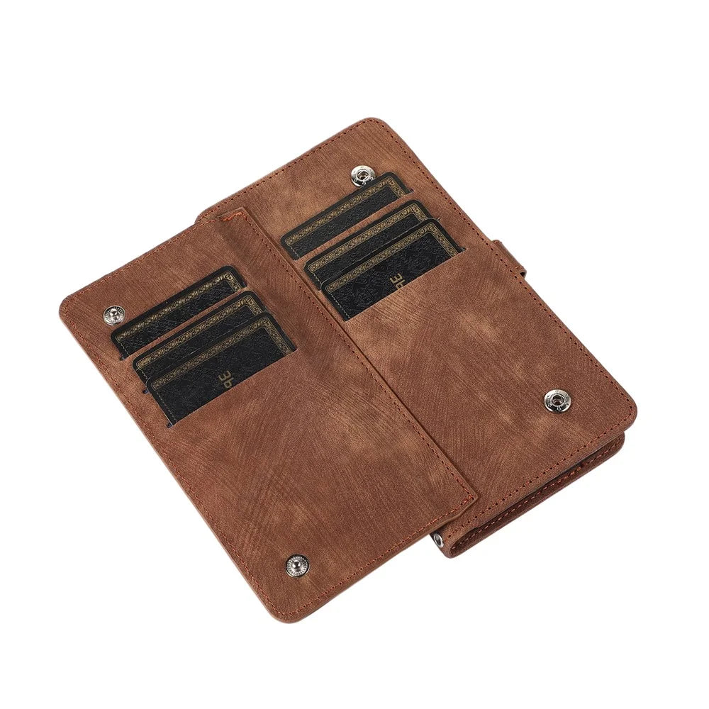 For Samsung Galaxy A15 5G Case Zipper Pocket 9 Card Slots PU Leather Phone Cover with Wrist Strap - Brown - 5
