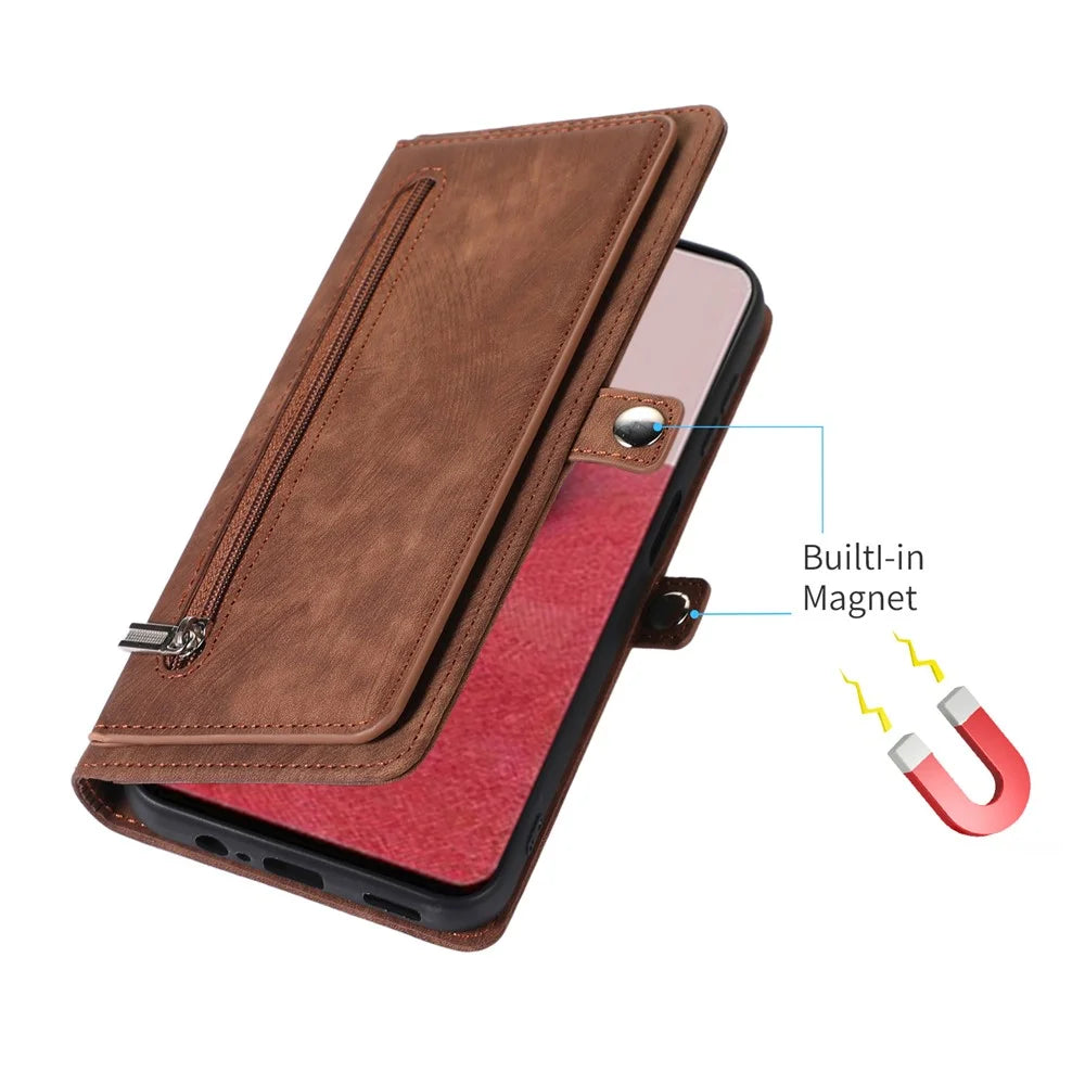 For Samsung Galaxy A15 5G Case Zipper Pocket 9 Card Slots PU Leather Phone Cover with Wrist Strap - Brown - 7