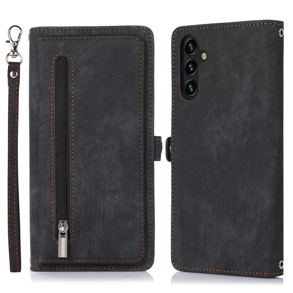 For Samsung Galaxy A25 5G (Global) (161mm) Case Zipper Pocket 9 Card Slots PU Leather Phone Cover with Wrist Strap - Black - 1