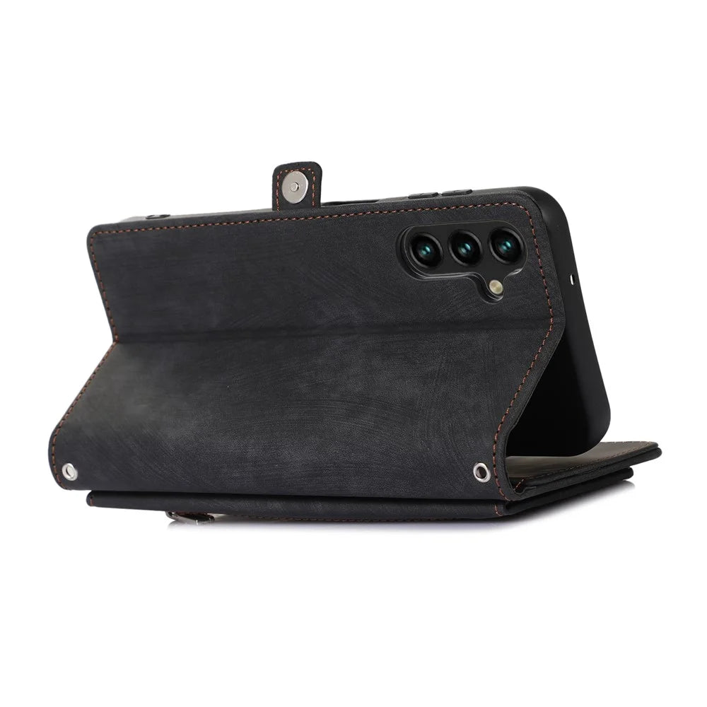 For Samsung Galaxy A25 5G (Global) (161mm) Case Zipper Pocket 9 Card Slots PU Leather Phone Cover with Wrist Strap - Black - 4