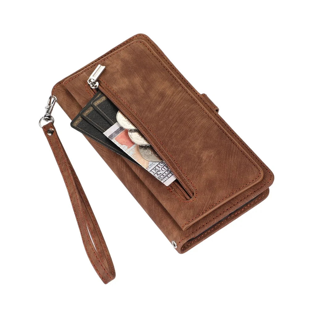 For Samsung Galaxy S25+ / S24+ Case Zipper Pocket 9 Card Slots PU Leather Phone Cover with Wrist Strap - Brown - 6