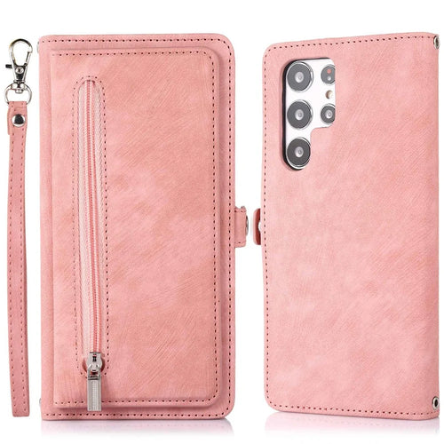For Samsung Galaxy S24 Ultra Case Zipper Pocket 9 Card Slots PU Leather Phone Cover with Wrist Strap - Rose Gold - 1