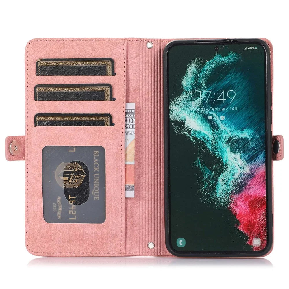 For Samsung Galaxy S24 Ultra Case Zipper Pocket 9 Card Slots PU Leather Phone Cover with Wrist Strap - Rose Gold - 2
