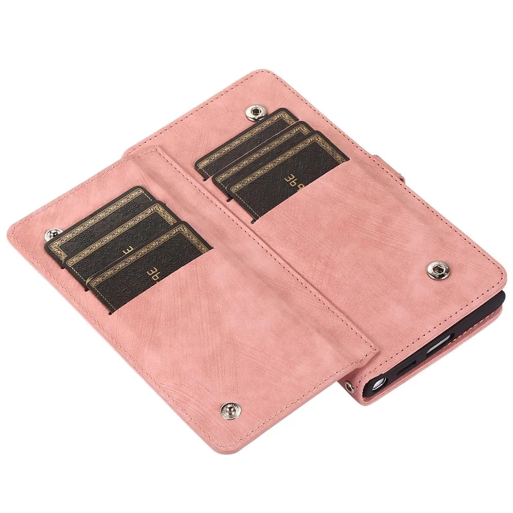 For Samsung Galaxy S24 Ultra Case Zipper Pocket 9 Card Slots PU Leather Phone Cover with Wrist Strap - Rose Gold - 5