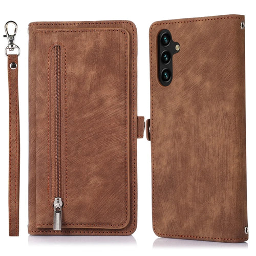 For Samsung Galaxy S25 / S24 Case Zipper Pocket 9 Card Slots PU Leather Phone Cover with Wrist Strap - Brown - 1