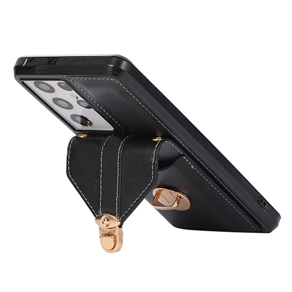 For Samsung Galaxy S24 Ultra Cell Phone Case Card Holder Kickstand Leather+TPU Cover - Black - 3