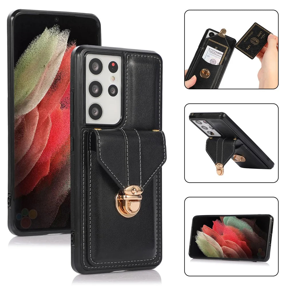 For Samsung Galaxy S24 Ultra Cell Phone Case Card Holder Kickstand Leather+TPU Cover - Black - 5