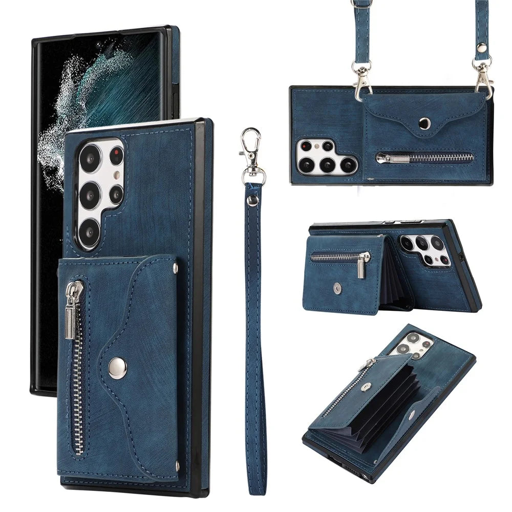 For Samsung Galaxy S24 Ultra Cell Phone Case PU Leather+TPU Card Bag Cover with 2 Straps - Blue - 1
