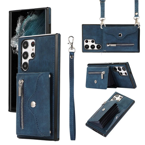 For Samsung Galaxy S24 Ultra Cell Phone Case PU Leather+TPU Card Bag Cover with 2 Straps - Blue - 1