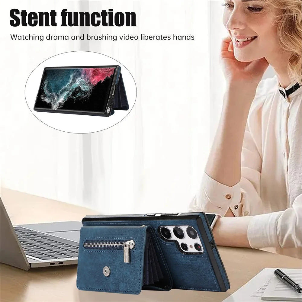 For Samsung Galaxy S24 Ultra Cell Phone Case PU Leather+TPU Card Bag Cover with 2 Straps - Blue - 4