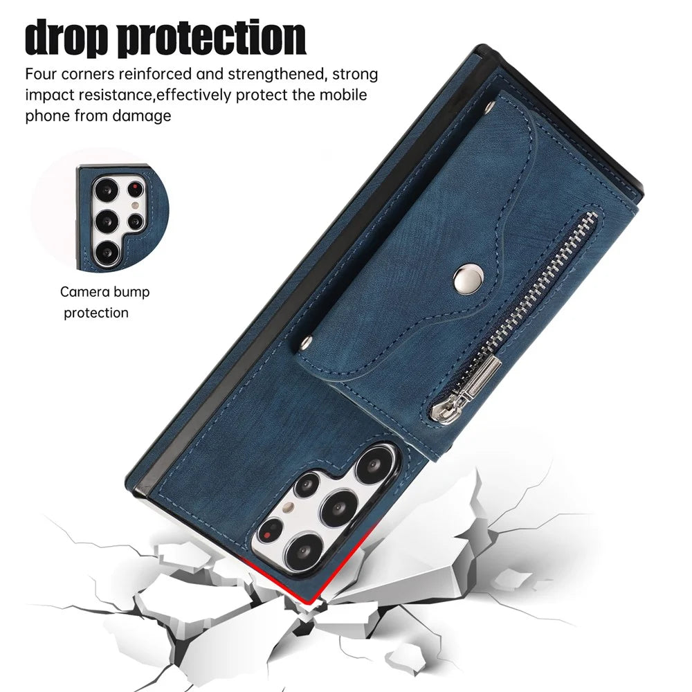 For Samsung Galaxy S24 Ultra Cell Phone Case PU Leather+TPU Card Bag Cover with 2 Straps - Blue - 5