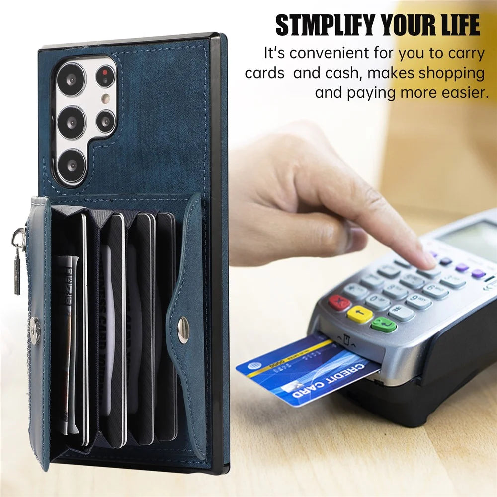 For Samsung Galaxy S24 Ultra Cell Phone Case PU Leather+TPU Card Bag Cover with 2 Straps - Blue - 6
