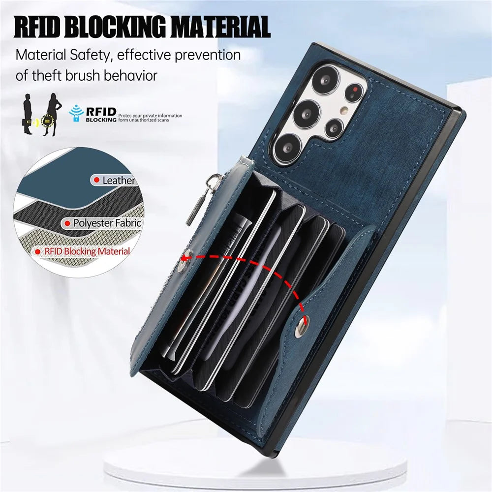 For Samsung Galaxy S24 Ultra Cell Phone Case PU Leather+TPU Card Bag Cover with 2 Straps - Blue - 7