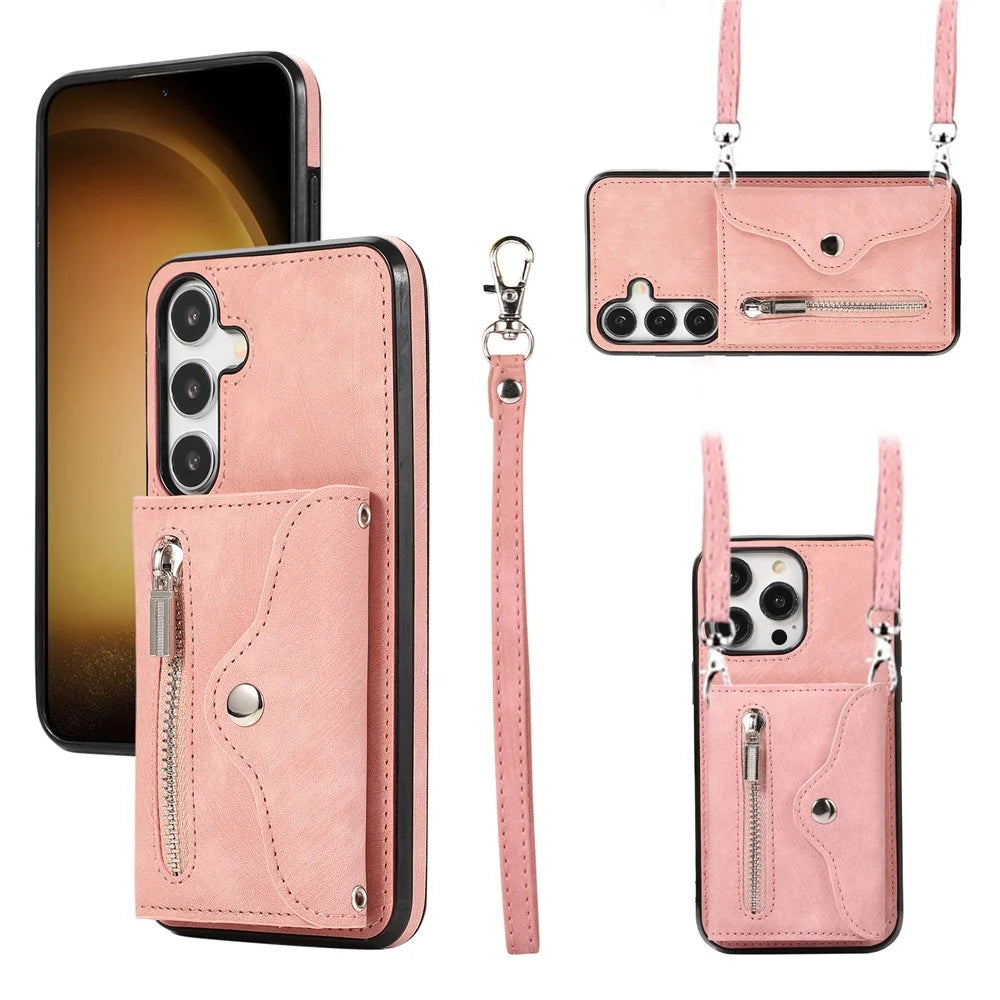 For Samsung Galaxy S25+ / S24+ Cell Phone Case Card Bag PU Leather+TPU Cover with 2 Straps - Rose Gold - 1