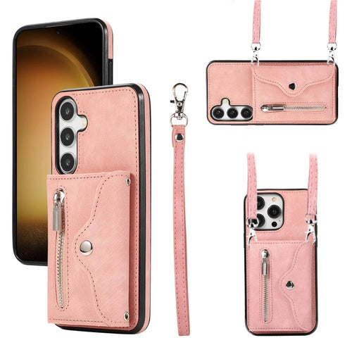 For Samsung Galaxy S25+ / S24+ Cell Phone Case Card Bag PU Leather+TPU Cover with 2 Straps - Rose Gold - 1