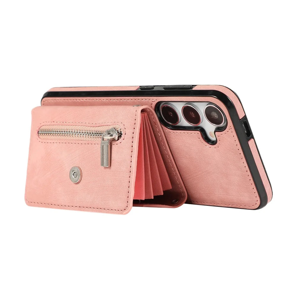 For Samsung Galaxy S25+ / S24+ Cell Phone Case Card Bag PU Leather+TPU Cover with 2 Straps - Rose Gold - 3