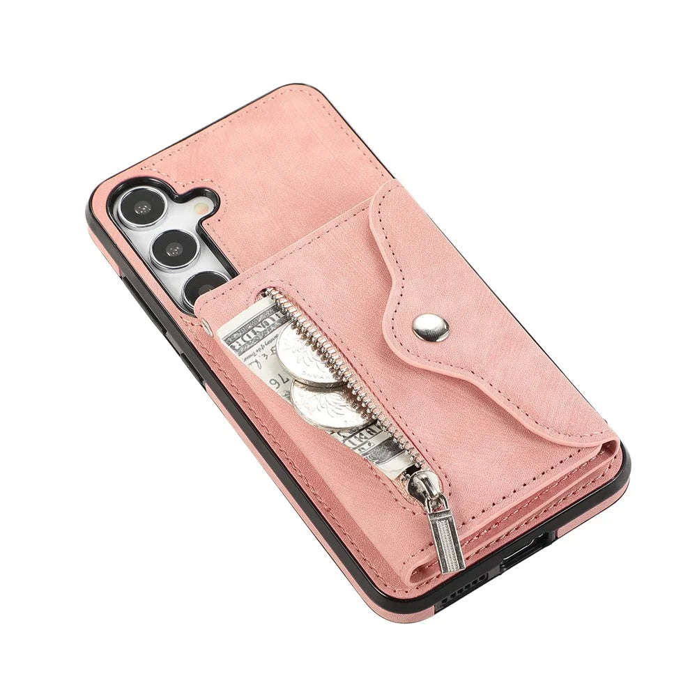 For Samsung Galaxy S25+ / S24+ Cell Phone Case Card Bag PU Leather+TPU Cover with 2 Straps - Rose Gold - 4