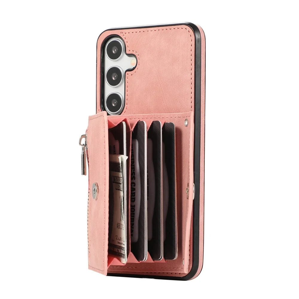 For Samsung Galaxy S25+ / S24+ Cell Phone Case Card Bag PU Leather+TPU Cover with 2 Straps - Rose Gold - 6