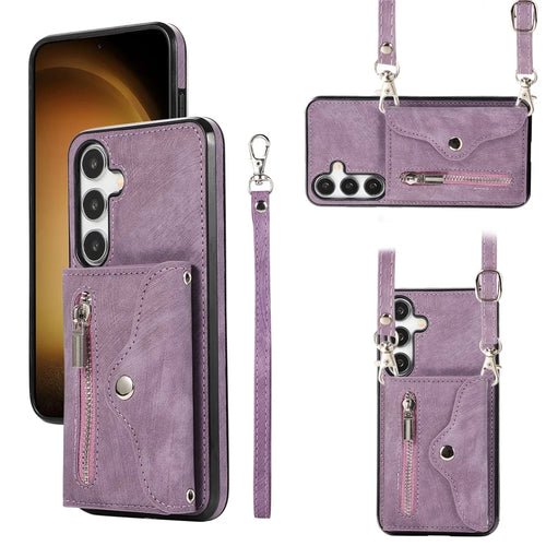 For Samsung Galaxy S25 / S24 Cell Phone Case with 2 Straps PU Leather+TPU Card Bag Cover - Purple - 1