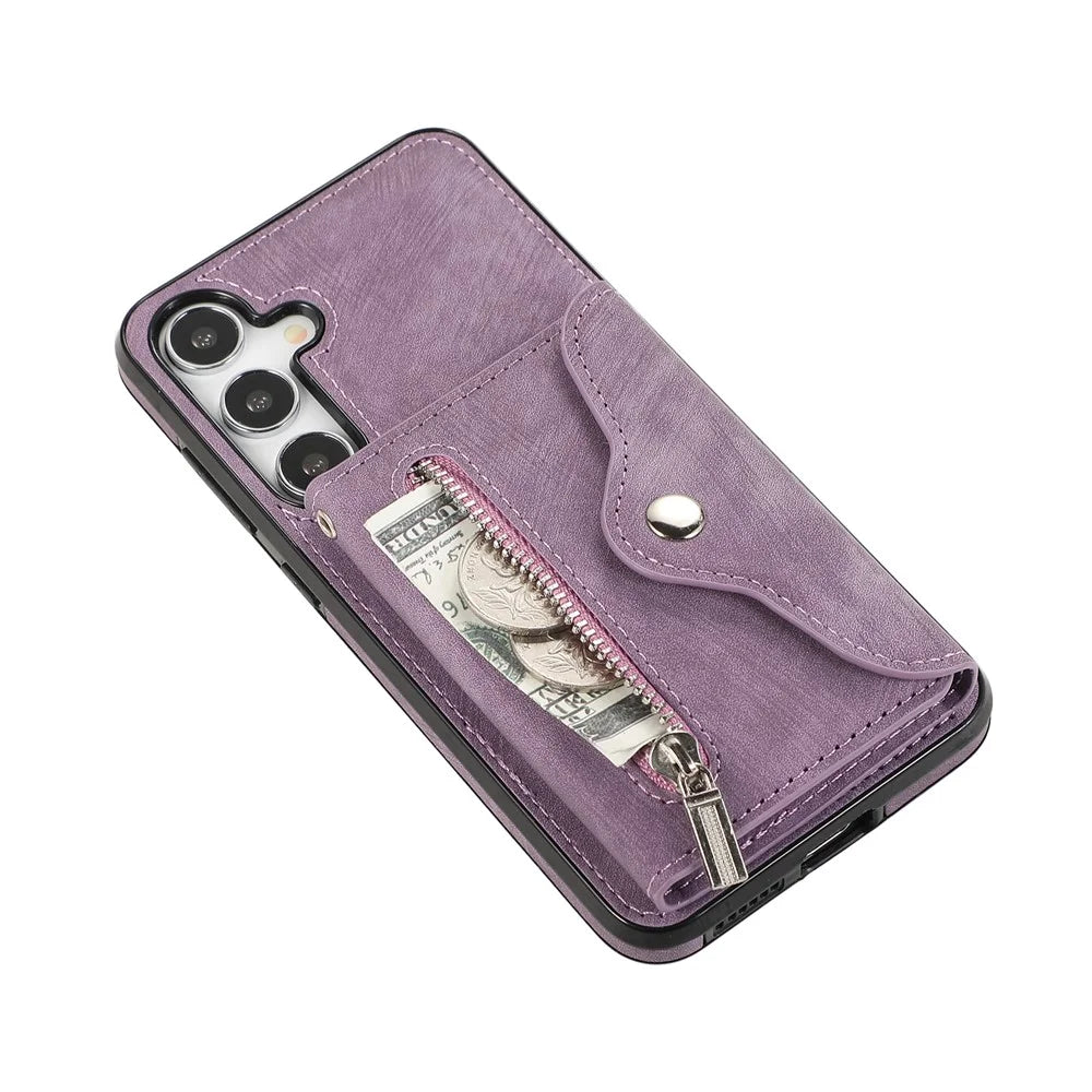 For Samsung Galaxy S25 / S24 Cell Phone Case with 2 Straps PU Leather+TPU Card Bag Cover - Purple - 4
