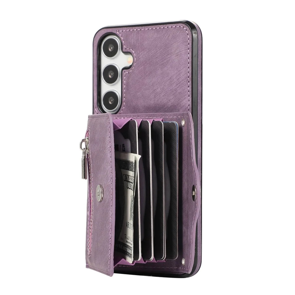 For Samsung Galaxy S25 / S24 Cell Phone Case with 2 Straps PU Leather+TPU Card Bag Cover - Purple - 6