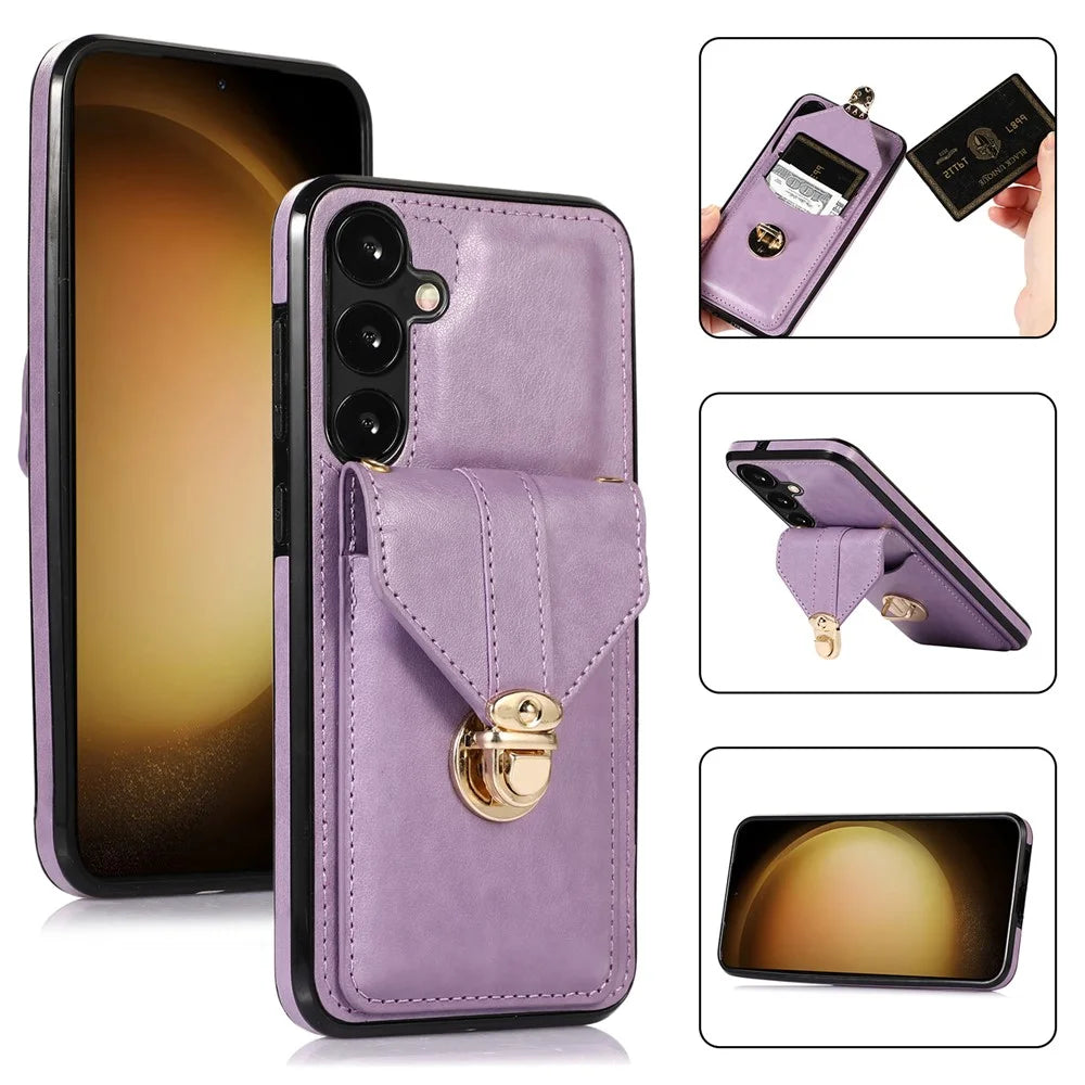 For Samsung Galaxy S25+ / S24+ Cell Phone Case Metal Buckle Card Holder Leather+TPU Cover - Purple - 5
